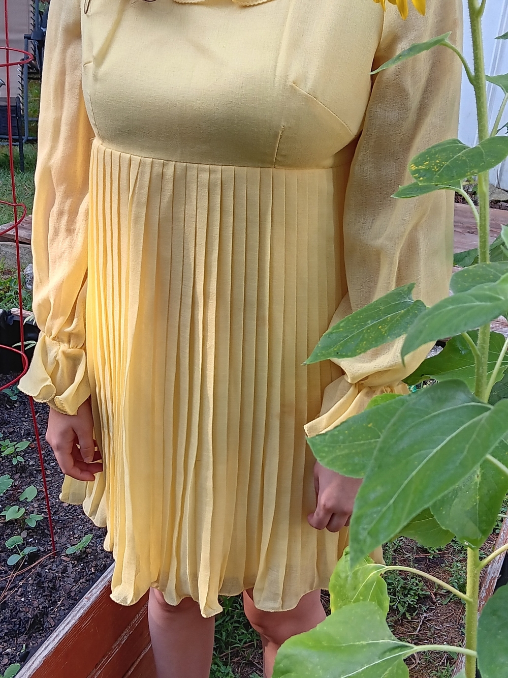 Yellow Pleated Mini Dress with Sheer Long Sleeves